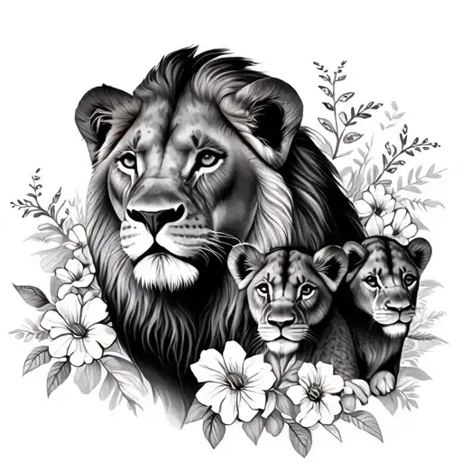lioness and 2 lion cubs surrounded by flowers tattoo design idea
