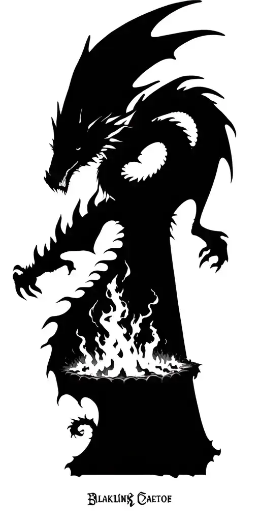 dark souls bonfire and a dragon flying tattoo design idea