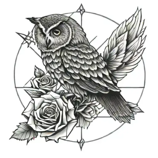 shooting bow arrow point in the shape of a rose and owl tattoo design idea