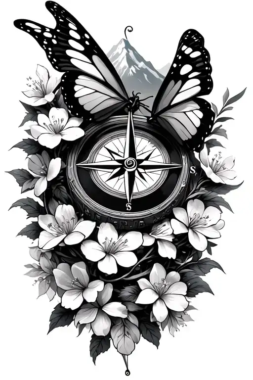 3D mountains & compass intertwined, with jasmine flowers on vine & 3d butterfly that wraps around your shoulder to elbow tattoo design idea