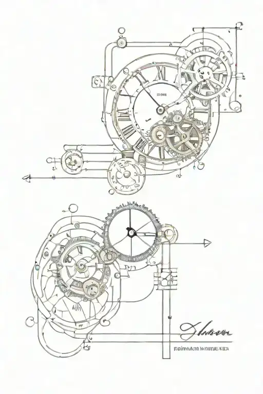 steampunk clock and circuit with formulas written inside tattoo design idea