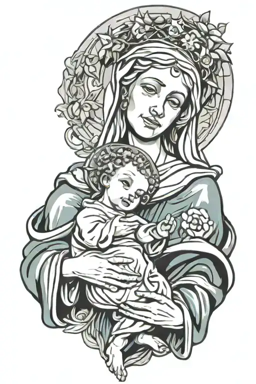 Mary holding baby Jesus tattoo design idea
