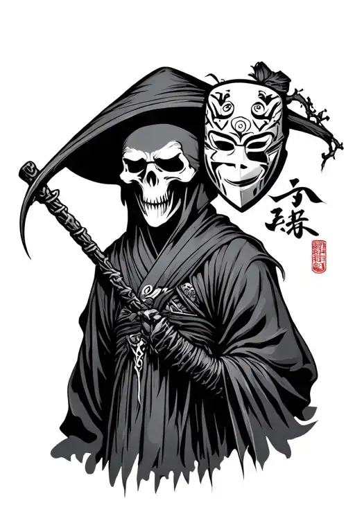 I want a Japanese style full body grim reaper tattoo with a Japanese mask  tattoo design idea