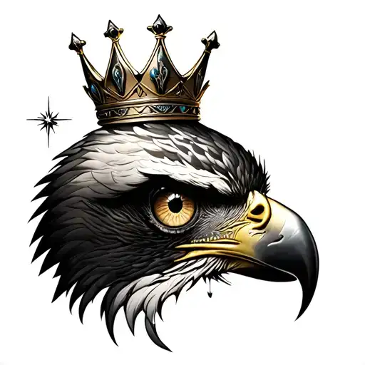 Fierce eagle eye tattoo with ornate crown above it and a small sparkle on the left. Bold black lines, unified design. tattoo design idea