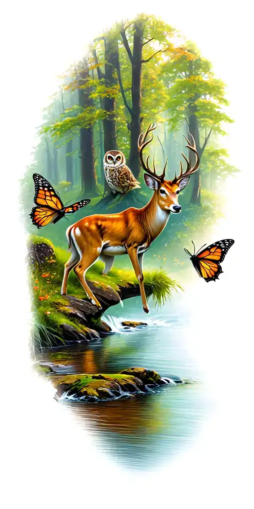 woodland scene featuring a creek running,  a deer, an owl, and butterflies tattoo design idea