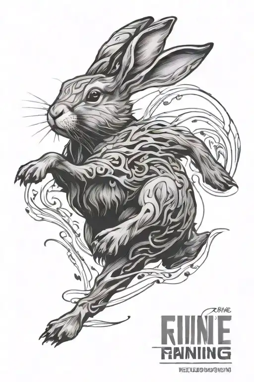 fine line running rabbit tattoo design idea