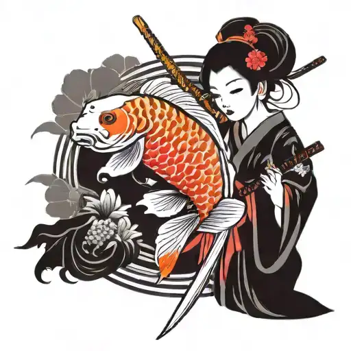 koi fish yin yang geisha holding a katana tattoo design idea