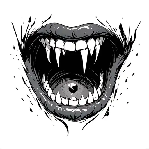 Creepy dark mouth with sharp teeth opening up with eye in the middle looking outwards tattoo design idea