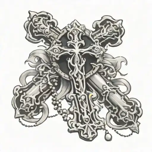 cross and rosary wrapped tattoo design idea