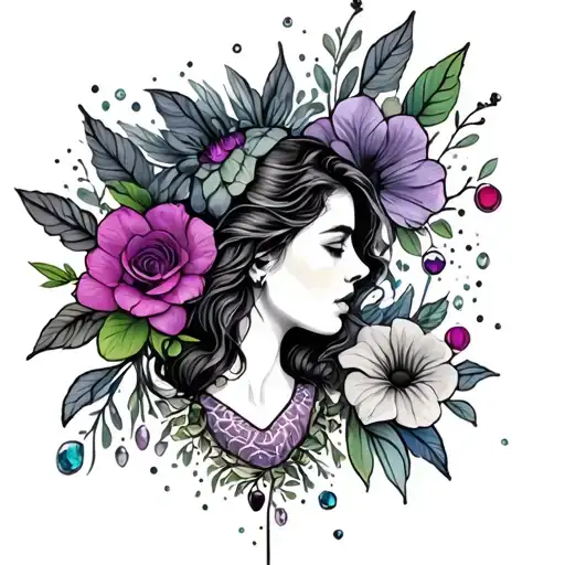 A motherhood themed tattoo with jewel tones and retro 90s elements tattoo design idea