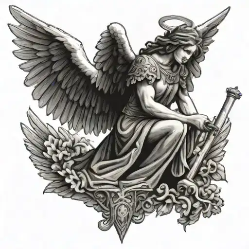 angel kneeling holding a sword with wings outstretched tattoo design idea