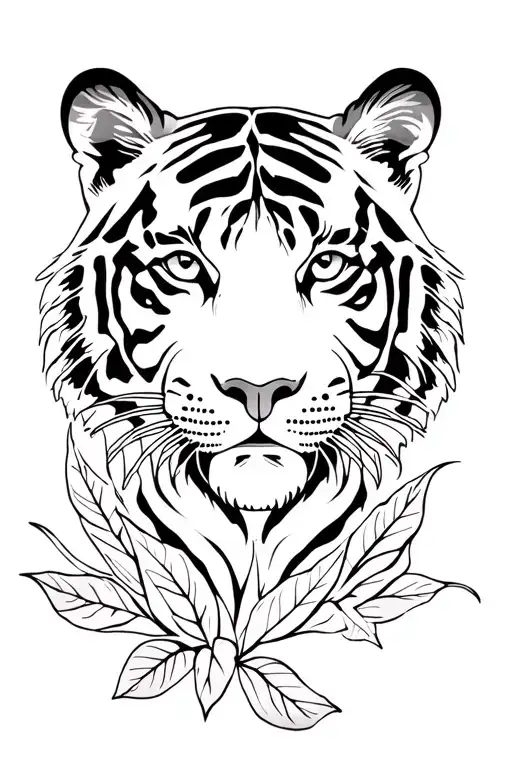 Tiger with Women face and leaves fore arm sleeve tattoo tattoo design idea