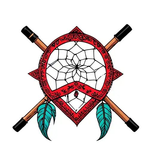 red bandana around a dream catcher with fishing poles crossed behind it tattoo design idea