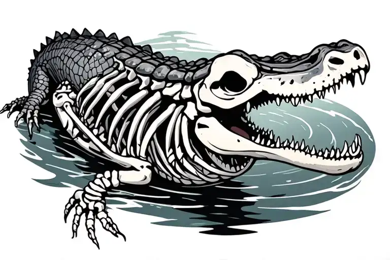 alligator swimming skeleton tattoo design idea
