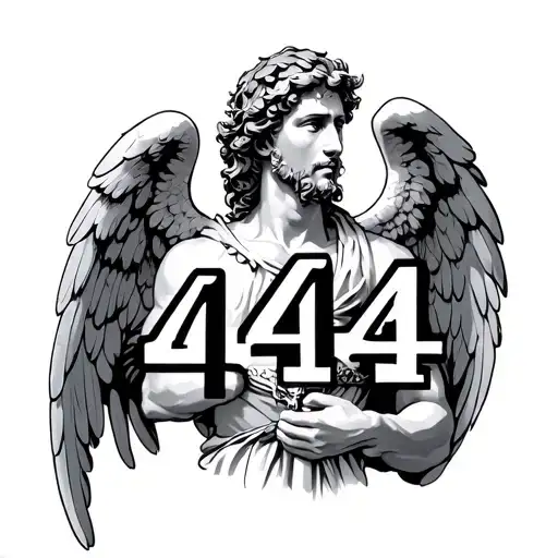 archangel Michael holding a sord with the angel numbers 444 located inside the angel with a roman laurel wreath.  tattoo design idea