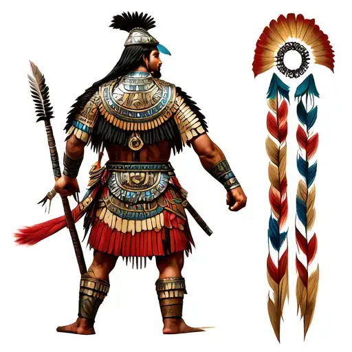 half mayan half conquistador standing back tattoo design idea