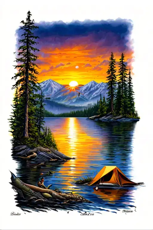 dinasours, sports, fishing, camping, bold colors sunset over lake tattoo design idea