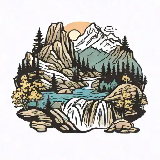 big mountains with fall trees waterfall rocks river tattoo design idea