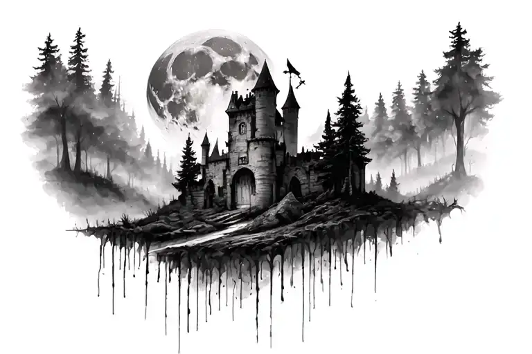 Gloomy ruined castle, forest, moon tattoo design idea