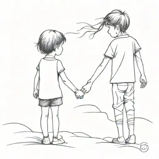 little brother and big sister holding hands from behind tattoo design idea