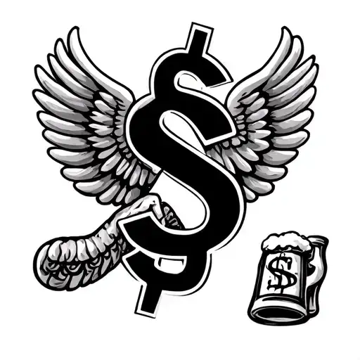 dollar sign with alcohol beer with wings tattoo design idea
