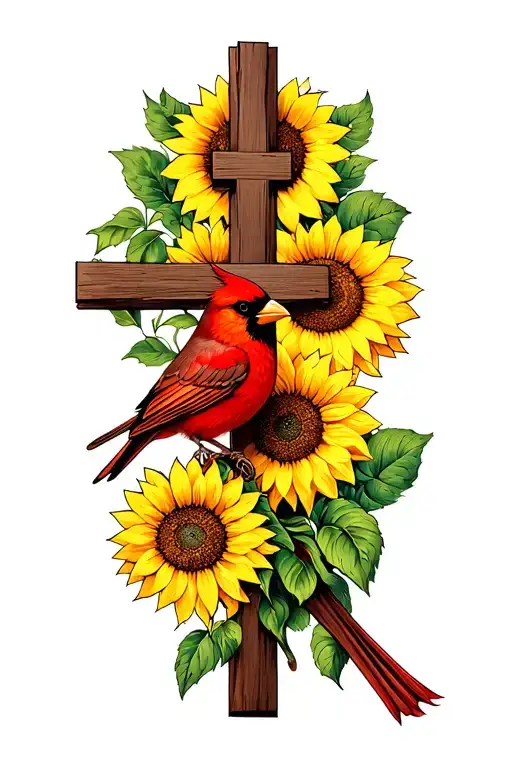 cross with sunflower and red cardinal bird tattoo design idea