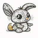 A simple line tattoo featuring a patchwork style stuffed-toy rabbit holding a rubber ducky tattoo design idea