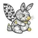 A simple line tattoo featuring a patchwork style stuffed-toy rabbit holding a rubber ducky tattoo design idea