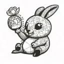 A simple line tattoo featuring a patchwork style stuffed-toy rabbit holding a rubber ducky tattoo design idea