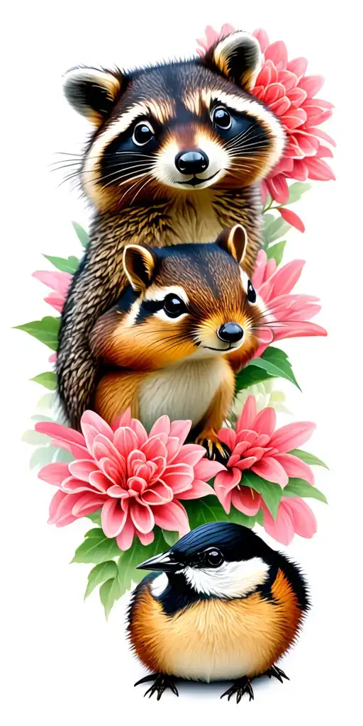 An eastern chipmunk, a raccoon, and a black capped chickadee surrounded by pink dahlia  tattoo design idea