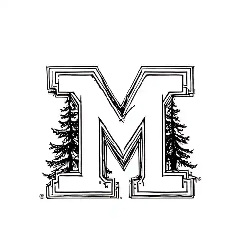 black and white university of michigan "M" incorporating pine trees tattoo design idea