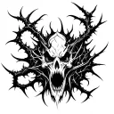 Black and white tattoo design, high contrast, cyber-sigilism style, aggressive sharp thorny lines, biomechanical etherea tattoo design idea