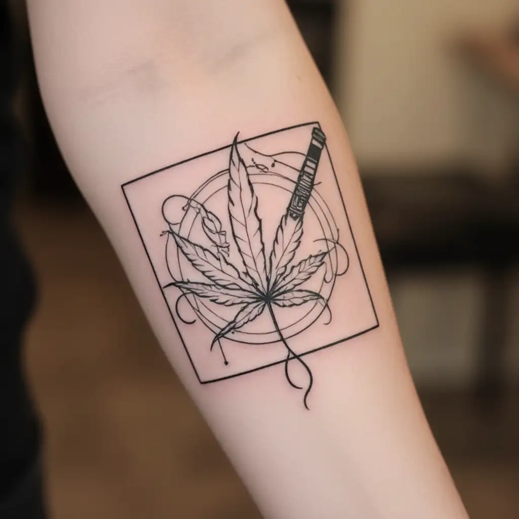 A minimalist tattoo of a cannabis leaf intertwined with musical instruments, reflecting your love for music and smoking weed tattoo design idea