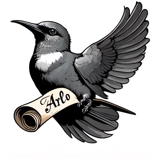 trad swallow tattoo, swallow holding scroll with the name "Arlo" in it tattoo design idea