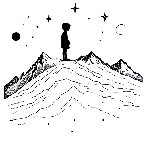 a little child who is on the edge of a mountain looking at the horizon, the stars and the moon tattoo design idea