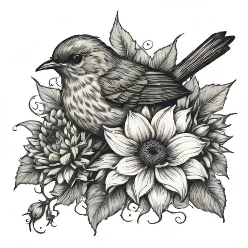 Robin Bird with 2 narcissus flowers wrapped around a bunch of sunflowers tattoo design idea
