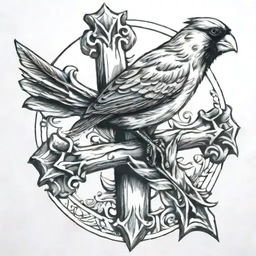 a cardinal sits on a cross tattoo design idea