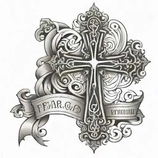 Cross surrounded by words fear god tattoo design idea