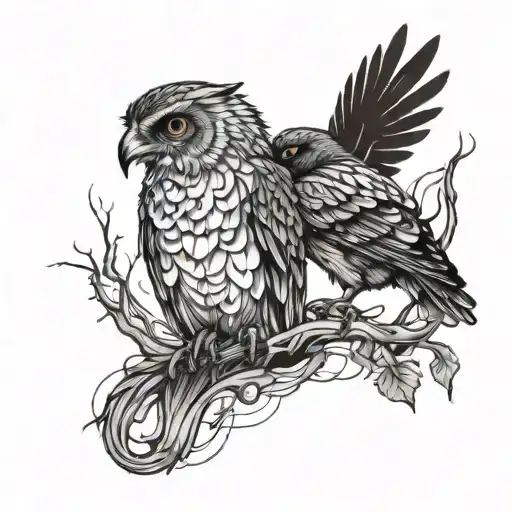 Create a minimalistic line tattoo design of an intertwined owl and a crow on top of one another with aspects of arcane tattoo design idea