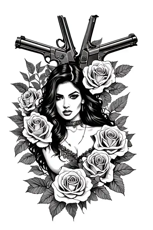 A tattoo of a Latina woman surrounded by roses and guns, reflecting the beauty and danger of the cartel world tattoo design idea