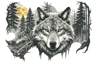 the witcher style wolf face full moon forest fireplace tattoo design idea