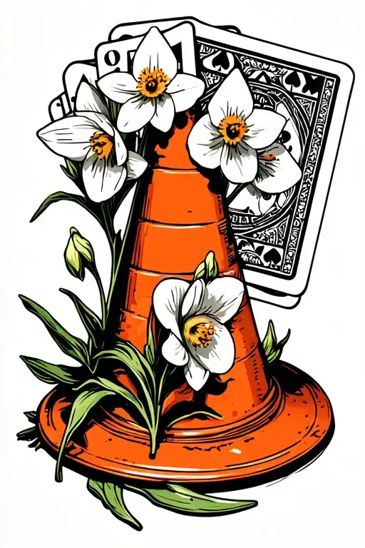traffic cone with narcissus flowers and playing cards tattoo design idea