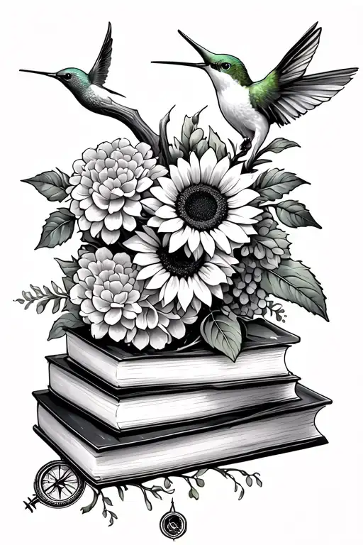 antler and sunflowers wrapped and hydrangeas blooming with a hummingbird and stack of 2 books and compass  tattoo design idea