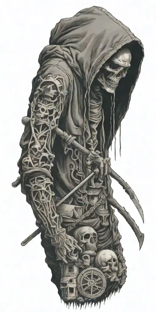 A reaper of death in a hoodie with a scythe, destroyed houses in the background, an hourglass tattoo design idea