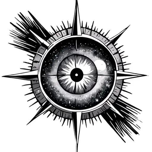 An eye with a galaxy inside it, compass with no labels, just rays pointing out like endless possibilities. tattoo design idea
