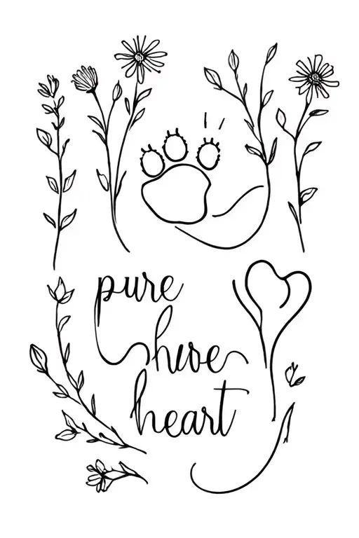 I would like small flowers, a dog's paw, the astrological sign of Capricorn, the word "pure heart" tattoo design idea