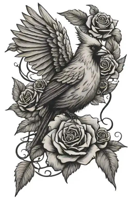 cardinal perched on roses with Angel wings  tattoo design idea