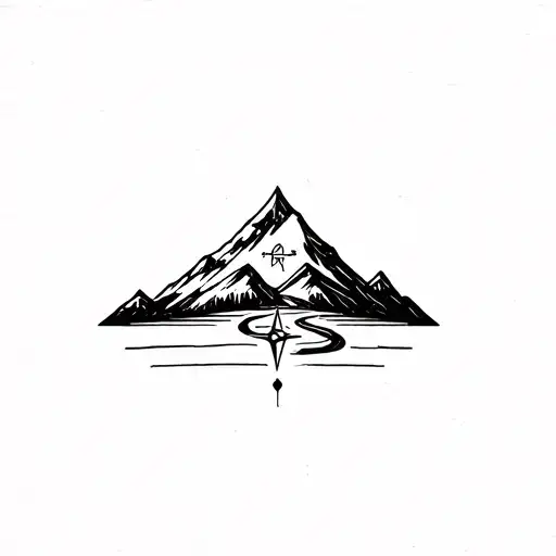 “Tiny minimalist black ink tattoo of a mountain with a winding road and a small compass needle. Clean lines, no shading, tattoo design idea