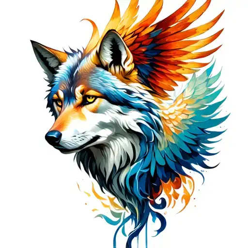 Feminine Wolf With Phoenix Tattoo inspired tattoo featuring strength tattoo design idea