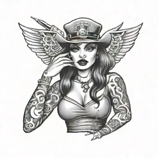 pin up girl with tattoo sleeves and a motorhead t shirt tattoo design idea